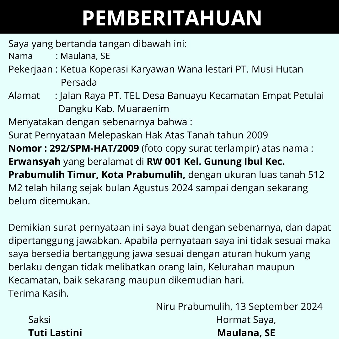 Pemberitahuan Kehilangan Dokumen - Surat Pernyataan Melepaskan Hak Atas Tanah No. 292/SPM-HAT/2009 oleh Maulana, SE