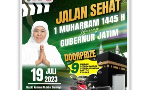 Thumbnail Sambut Tahun Baru Islam, Ayo Jalan Sehat Bareng Gubernur Khofifah, 45 Doorprize: 9 Umrah dan 9 Sepeda Motor