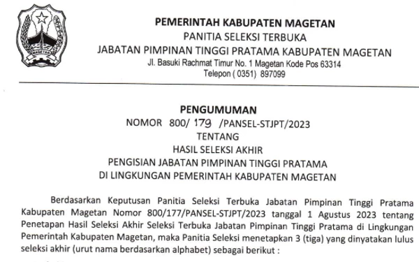 Thumbnail Seleksi Terbuka JPTP di Pemkab Magetan Mengerucut ke 4 Nama, 2 Camat, 4 Kabid dan Kabag Tersingkir, Berikut Daftarnya