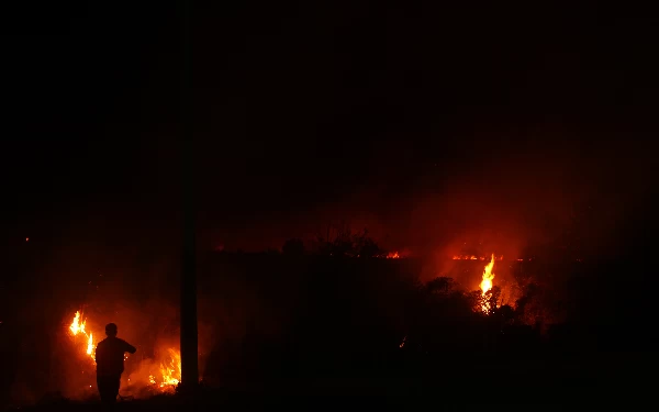 Thumbnail Petugas memadamkan api bakar lahan di Tol Indralaya-Palembang KM07, Desa Sukarami, Kecamatan Pemulutan, Kabupaten Ogan Ilir, Sumsel. Kamis 21/9/2023). Wahyu R