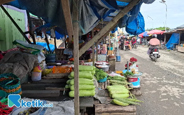 Thumbnail Ketika hujan becek melanda. Bila panas tiba, area pasar tampak dipenuhi debu. Hal ini membuat barang dagangan PKL terkena debu akibat lalu lalang pengendara. (Foto Mursal Bahtiar/Ketik.co.id) Jum'at, (3/5/2024)