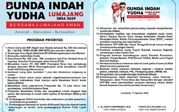 Thumbnail Ini 20 Program Prioritas Bunda Indah-Yudha Jika Terpilih di Pilkada Lumajang