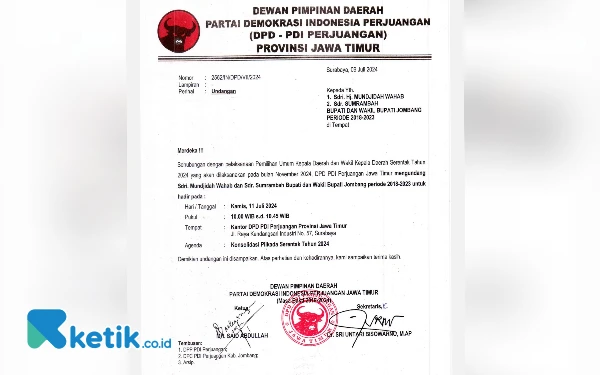 Thumbnail Berita - Beredar Undangan Konsolidasi Mundjidah-Sumrambah dari DPD PDI Perjuangan Jatim, Petahana Bupati Wabup Jombang Diusung Lagi?