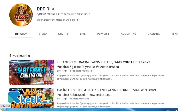 Thumbnail Saluran Youtube DPR RI Diretas, Tampilkan Siaran Langsung Judi Online